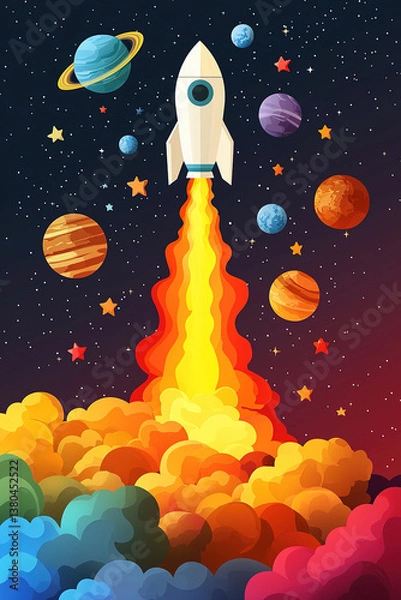 Fototapeta White rocket launching through colorful clouds to space