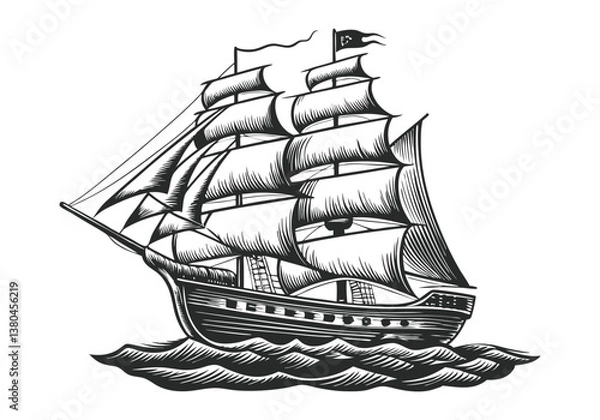 Fototapeta  Vintage black and white engraving of a tall sailing ship with multiple masts, detailed rigging, and wind-filled sails on ocean waves