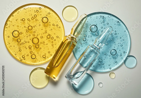Fototapeta Glass vials with yellow and blue liquid and oil circles around on white background. Two ampoules with cosmetic serum for face care and treatment