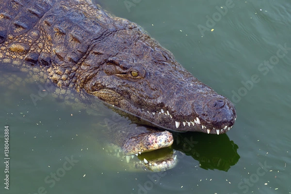 Fototapeta Nile crocodile (Crocodylus niloticus), mating of large crocodiles in the water. Two large crocodiles in the water during courtship.