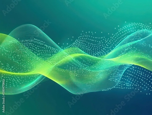 Fototapeta A fluid abstract design of bright cyan and lime green waves on a gradient dark to light teal background