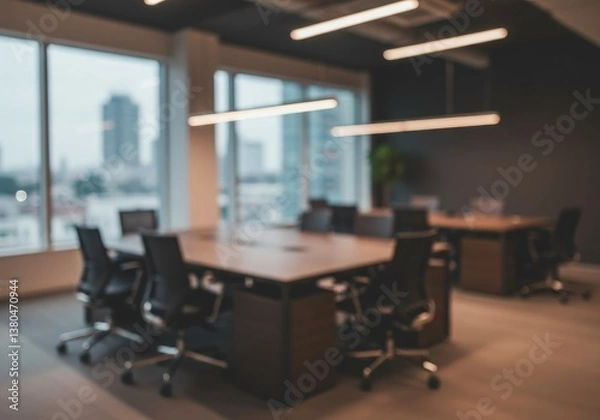Fototapeta A blurred view of a modern conference room with a large table and office chairs inside a building