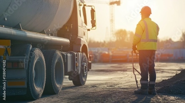 Obraz A construction worker inspecting a cement truck on a building site. Featuring attention to detail and safety