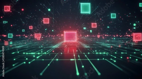 Fototapeta A futuristic digital technology background with glowing red and green light squares at the center of a vast dark space, connected by glowing lines and floating dots