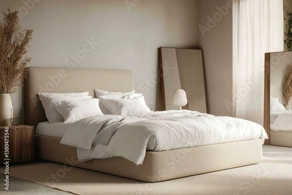 Obraz A beautifully decorated bedroom featuring a comfortable bed and soft linens