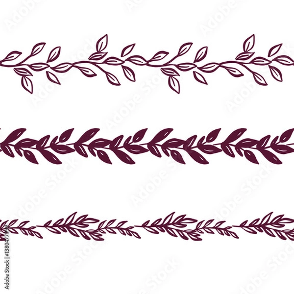 Fototapeta Delicate Leaves Vector Seamless Horizontal Borders Set