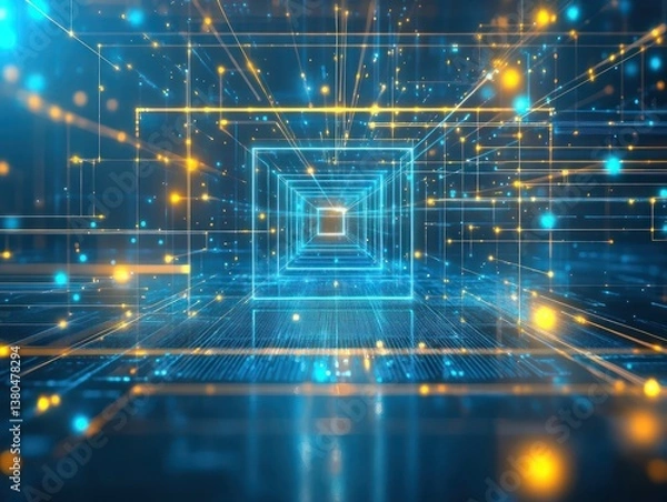 Fototapeta A glowing blue and gold digital space, where square lights shine at the center, connected by thin, glowing lines and surrounded by dynamic floating dots