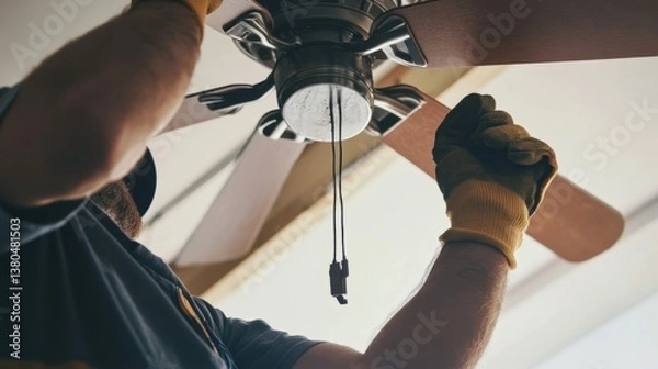 Obraz A construction worker installing a ceiling fan. Featuring focus and safety