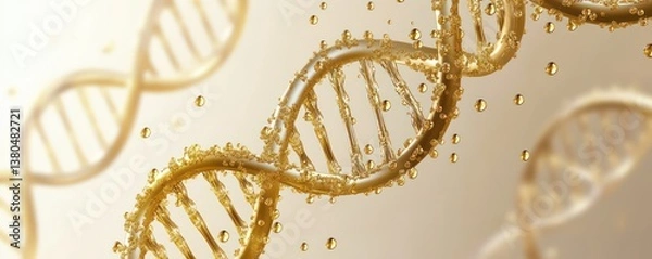 Fototapeta A golden DNA double helix shimmering against a soft cream-colored background, with drops of golden liquid flowing gracefully along the strands, leaving reflective trails