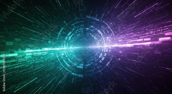 Obraz Abstract tunnel with green and purple light streaks and circular shapes in the center view