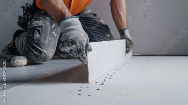 Obraz A construction worker installing drywall in a room. Featuring attention to detail and effort