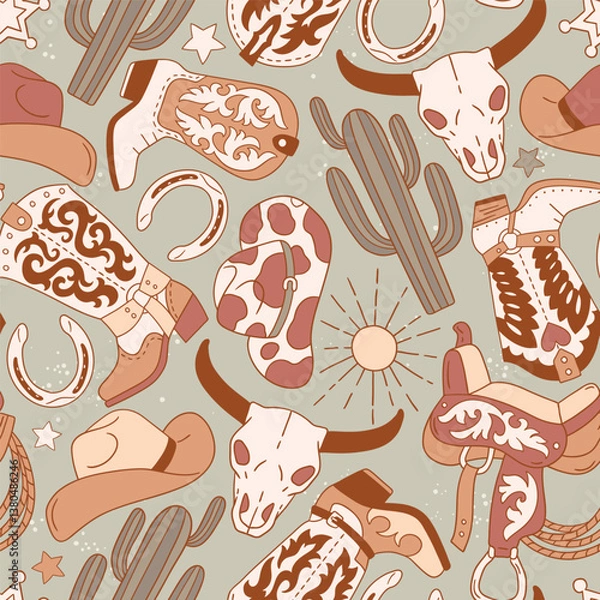 Obraz Seamless vector pattern with western cowboy boots, hat and horse riding equipment. Hand drawn groovy rodeo background. EPS 10 vector file. Perfect for textile, wallpaper or nursery print design.