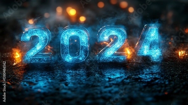 Fototapeta Glowing 2024 year numbers on textured dark ground with orange embers around