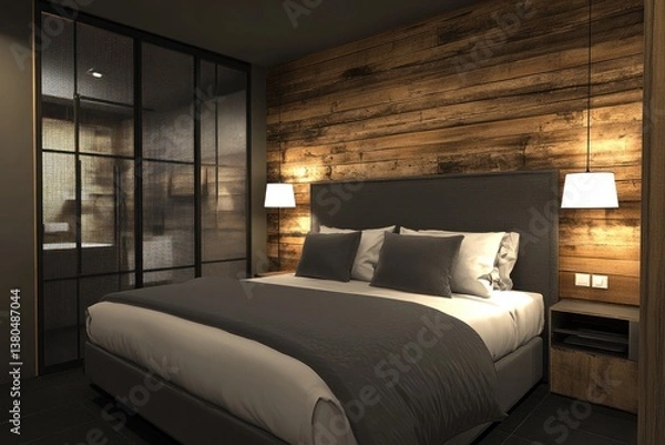 Obraz A modern bedroom featuring a bed and a wooden wall