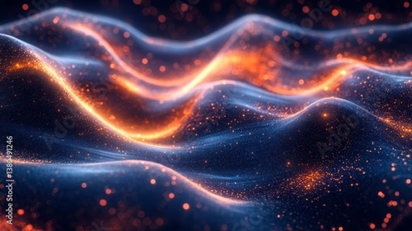 Fototapeta Blue waves overlaid with flowing bright particles