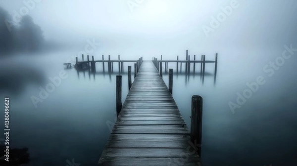 Fototapeta tranquil mist-covered bay, wooden docks extending intofoggy water,scene bathed in soft, diffused light, reflections onsurface creating dreamlike effect,