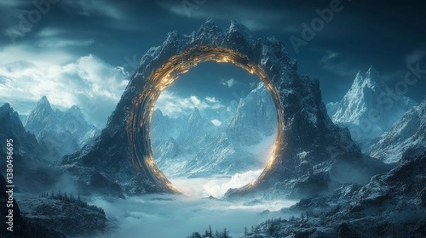 Fototapeta Mountain portal. Snow-covered peaks surround a glowing circle gateway under cloudy sky