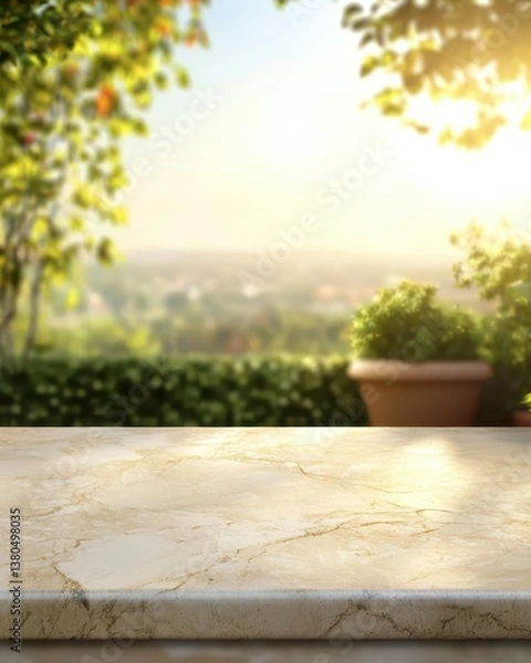 Fototapeta Bright sunlight casts a golden hue over a marble tabletop that overlooks a lush garden. Nearby plants and distant hills create a peaceful ambiance in the late afternoon