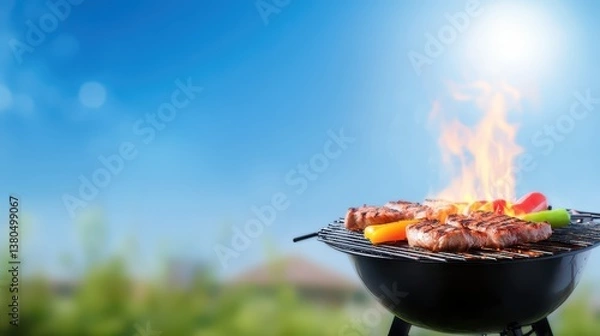 Fototapeta Delicious steaks and vibrant bell peppers are sizzling on the grill, with flames dancing high against a clear blue sky. It’s a perfect day for outdoor cooking and enjoying time with friends