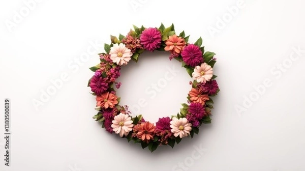 Fototapeta A stunning flower wreath showcases an arrangement of pink and orange blossoms surrounded by lush green leaves. The design is perfect for seasonal decorations or celebrations