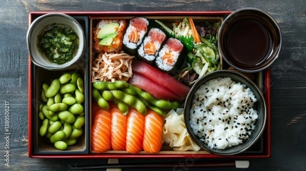 Fototapeta A beautifully packed bento box with sushi, miso soup, pickled vegetables, and fresh edamame, ready for a traditional Japanese meal,
