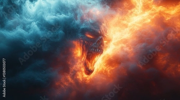 Fototapeta abstract pareidolia art of a screaming smoke ghost, sharp ghostly fangs glistening