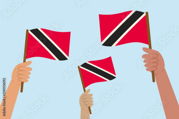 Obraz Diverse people hands raising flags of Trinidad and Tobago. Vector illustration of Trinidad y Tobago flags in flat style on blue background.