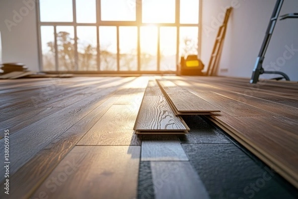 Fototapeta Hardwood flooring installation in a bright interior space Generative AI