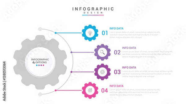 Fototapeta infographic 4 point stage template with gear shape on half circle direction vertical direction for slide presentation vector
