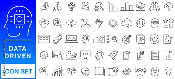 Fototapeta Data driven line icon set. Editable stroke. Containing as big data, data mining, algorithm, analytics, machine learning, ai, science, warehouse, database, dataset and more.