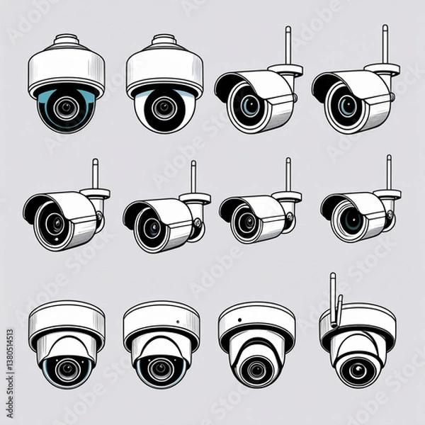 Fototapeta A hand-drawn security camera icon set featuring different types of surveillance cameras, including dome, bullet, and wireless cameras, with simple line art.