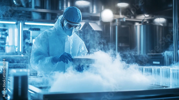 Fototapeta Cryogenics lab technician working with liquid nitrogen