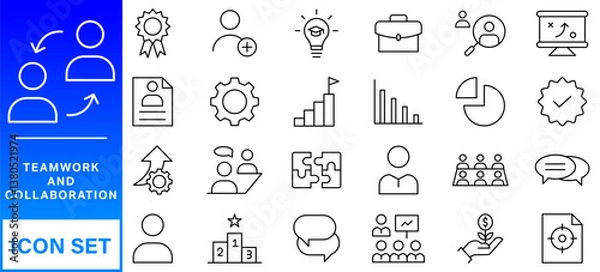 Fototapeta Teamwork and collaboration icon set. Thin line editable stroke icons for teams, leadership, meetings, project management, brainstorming, team growth, support, partnership and remote work.