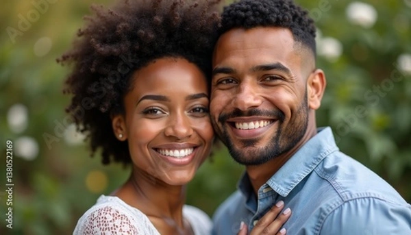 Fototapeta Beautiful and happy middle-aged african american man and woman hugging and looking at camera against green tree foliage background