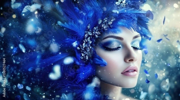 Fototapeta Enchanting Azure: A woman with captivating blue feathers and makeup, embodying elegance and tranquility, amidst a dreamlike haze of delicate particles.