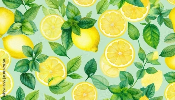 Fototapeta watercolor hand painted lemons and fresh mint leaves seamless pattern spring summer concept background