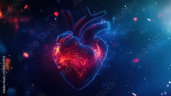 Fototapeta Abstract human heart anatomy on a dark blue background with glowing particles, a concept for a card or banner design