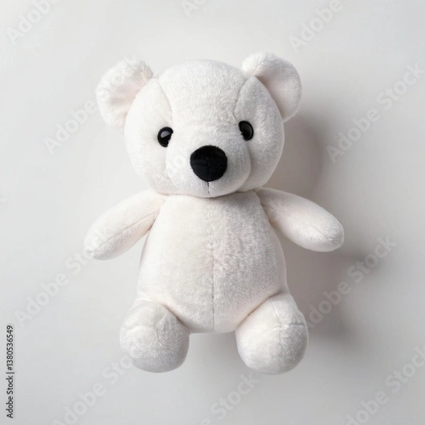 Fototapeta A white teddy bear on a white background. Top view.