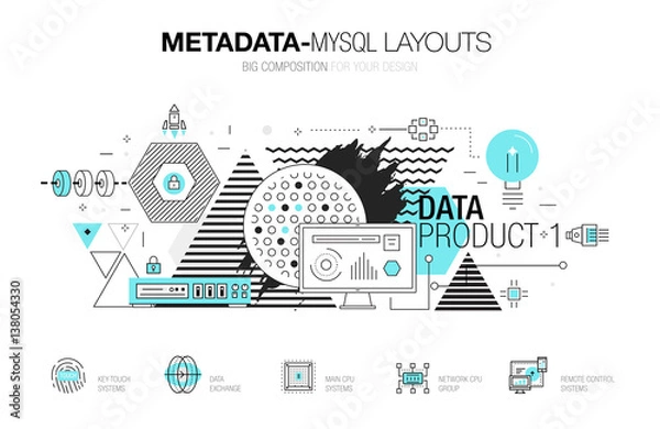 Fototapeta Metadata trendy modern mysql layouts thin line composition, server analysis and internet operations. Made in awesome geometry style with linear pictogram of future for web design.