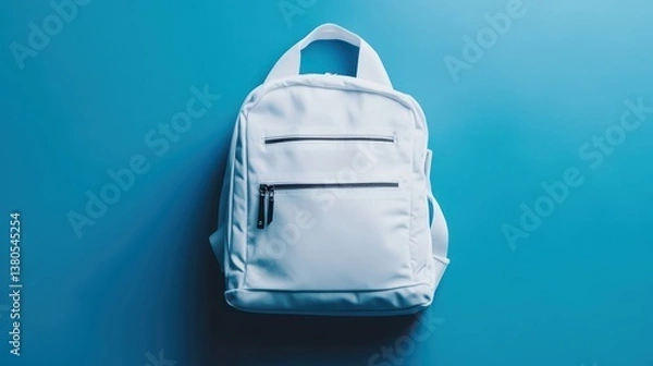 Fototapeta A stylish white backpack rests against a bright blue background, showcasing its clean lines and functional design. Perfect for daily use or travel, it enhances any outfit