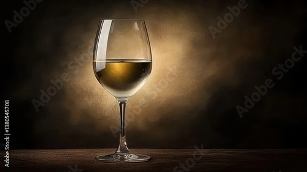 Fototapeta A clear glass filled with white wine sits on a wooden surface. Soft lighting highlights the glass and creates a warm atmosphere, making the setting inviting and relaxing
