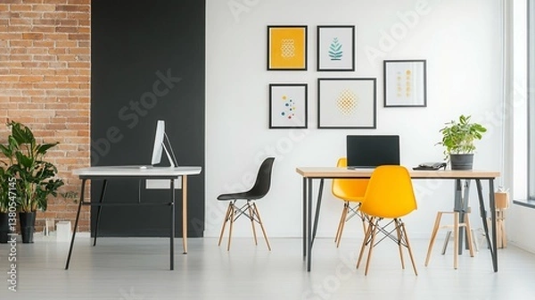 Fototapeta Modern Minimalist Office Workspace with Yellow Chairs