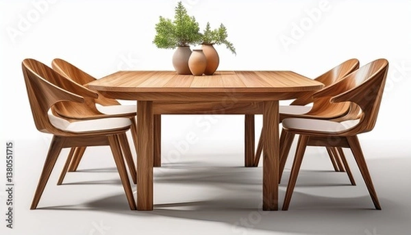 Fototapeta modern wooden table with chairs cutout isolated on white white background generative ai