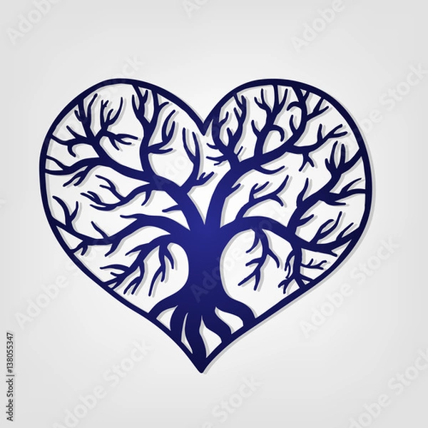 Fototapeta Openwork heart with a tree inside. Laser cutting template for greeting cards, envelopes, wedding invitations, decorative art objects.