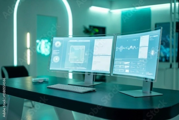 Fototapeta Futuristic workspace with dual monitors showcasing data analysis  
