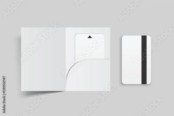 Obraz 3D Realistic plastic hotel apartment keycard and pocket Folder, open leaflet, bifold mockup isolated on background. Blank template  for hotel key card, credit card, notecards, postcard, invitation
