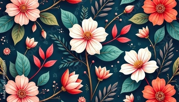 Fototapeta Seamless floral textile print with leaves and flowers , elegant, illustration, texture