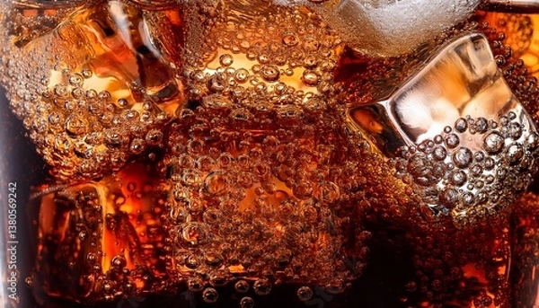 Fototapeta cola with ice close up of ice cubes in cola water texture of a carbonated drink with bubbles in the glass cola soda and ice splash fizzy or float on the surface cold drink background
