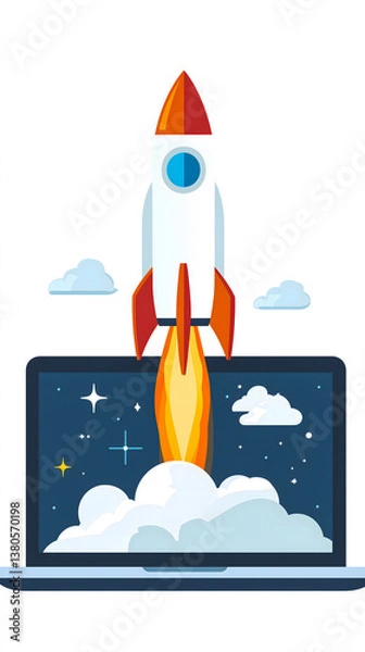 Fototapeta Gros plan sur une fusée qui décolle d'un ordinateur portable au format vertical.