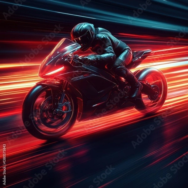 Fototapeta Motorcycle racing at night with vibrant light trails on a highway in the city